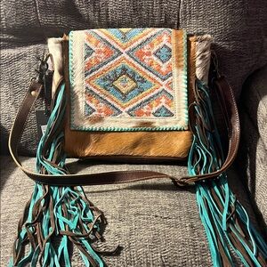Myra Bag Turquoise and Brown Fringe Shoulder Bag
